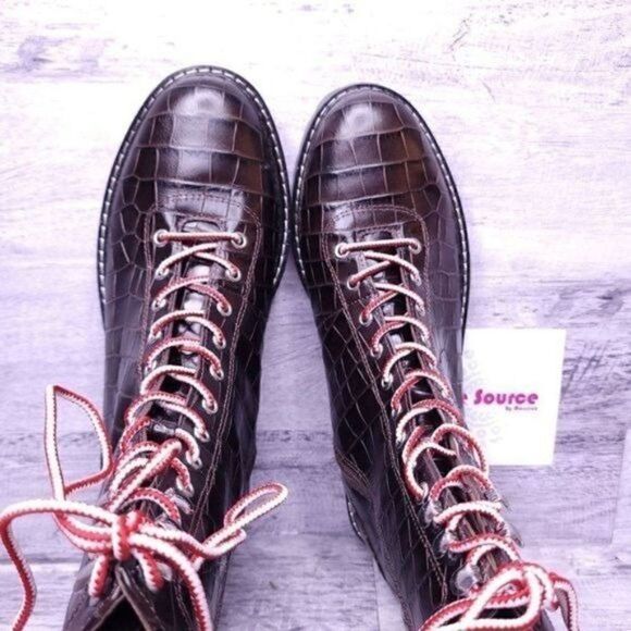 J. Crew Croc Embossed Leather Lace Up Combat Boot Brown Red White Women's sz 8.5 - Picture 8 of 11
